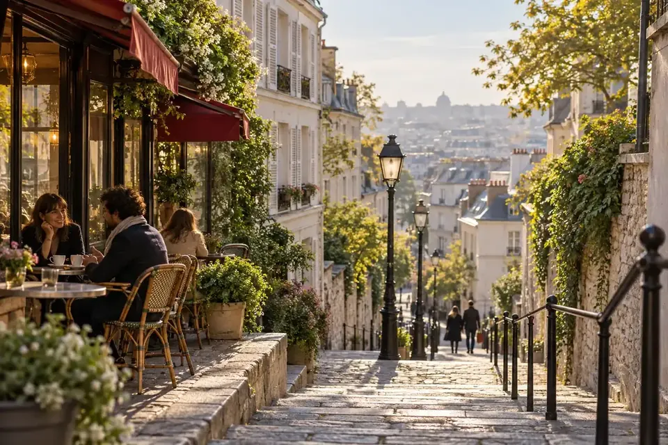Montmartre’da taş döşeli bir sokak ve açık renk cepheler