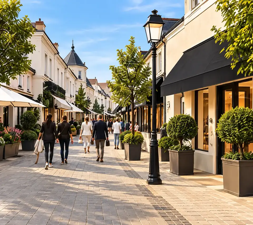 La Vallée Village’da açık hava boyunca sıralanan butik cepheleri