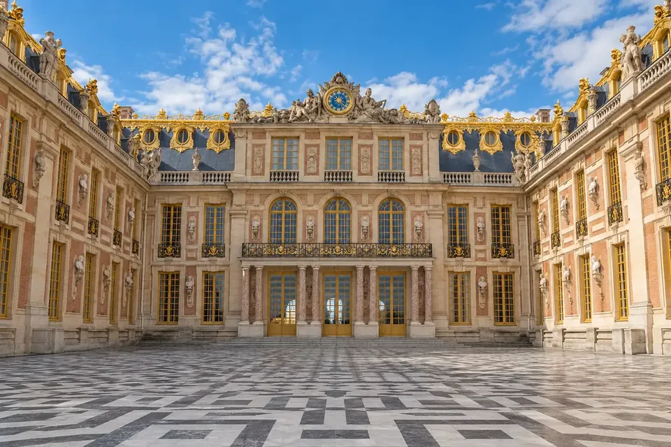 Versailles Sarayı bahçelerinde geometrik düzen ve uzun bir perspektif